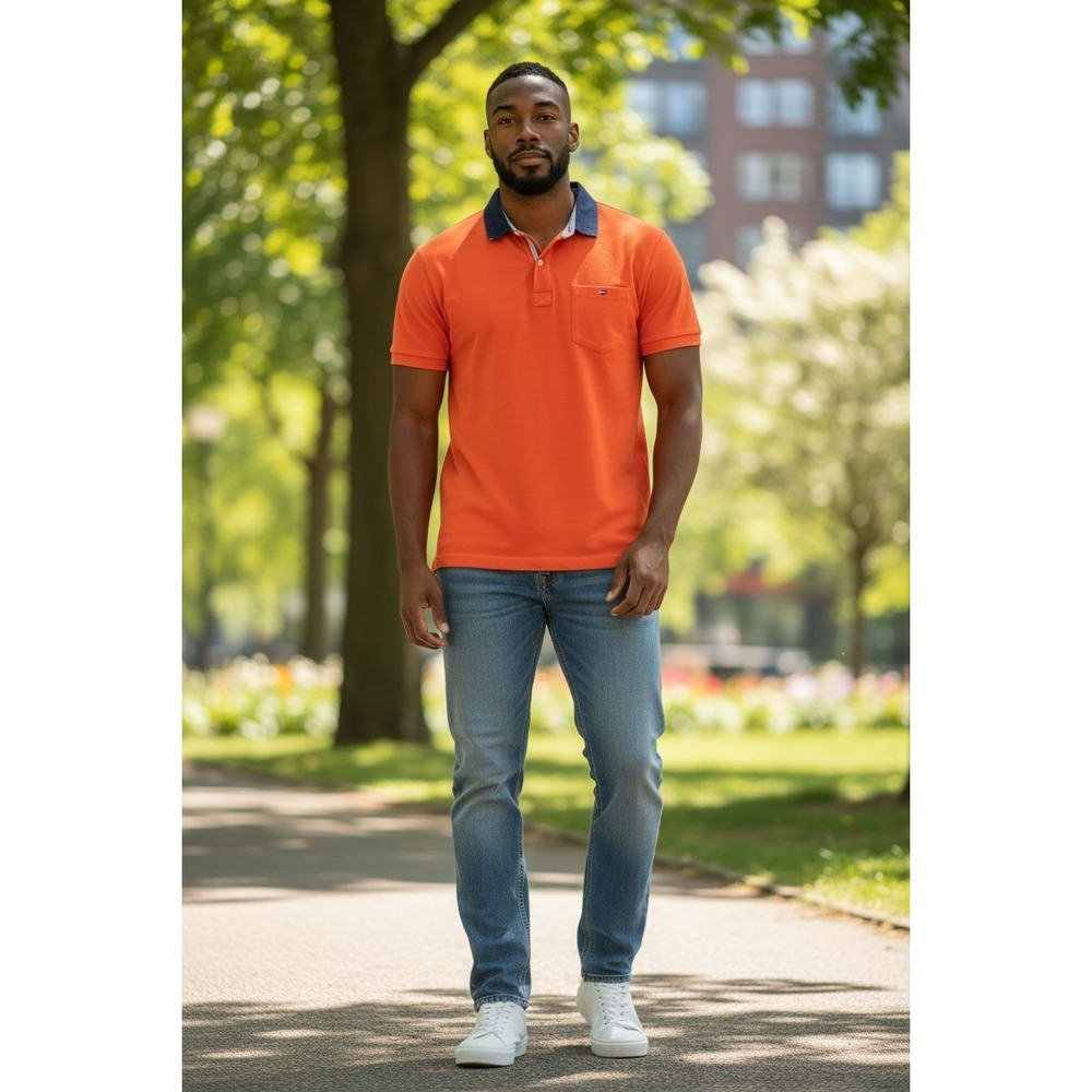Tommy Hilfiger Men's Casual‎ Pocket Orange Polo Shirt Denim Chambray Colar SZ XL